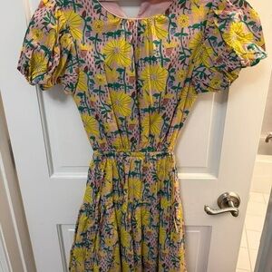 Pink and Yellow Floral Puff-Sleeve Mini Dress